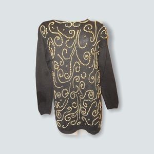 Vtg 80s Glam Sweater Shiny Goldtone Beads Sz M/L